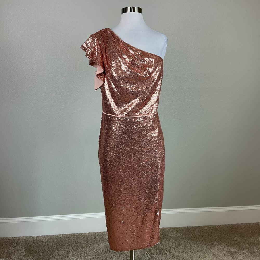 Mac Duggal 71062 Rose Gold Cocktail Dress Sequin One Shoulder Sheath Size 12 - Picture 2 of 13